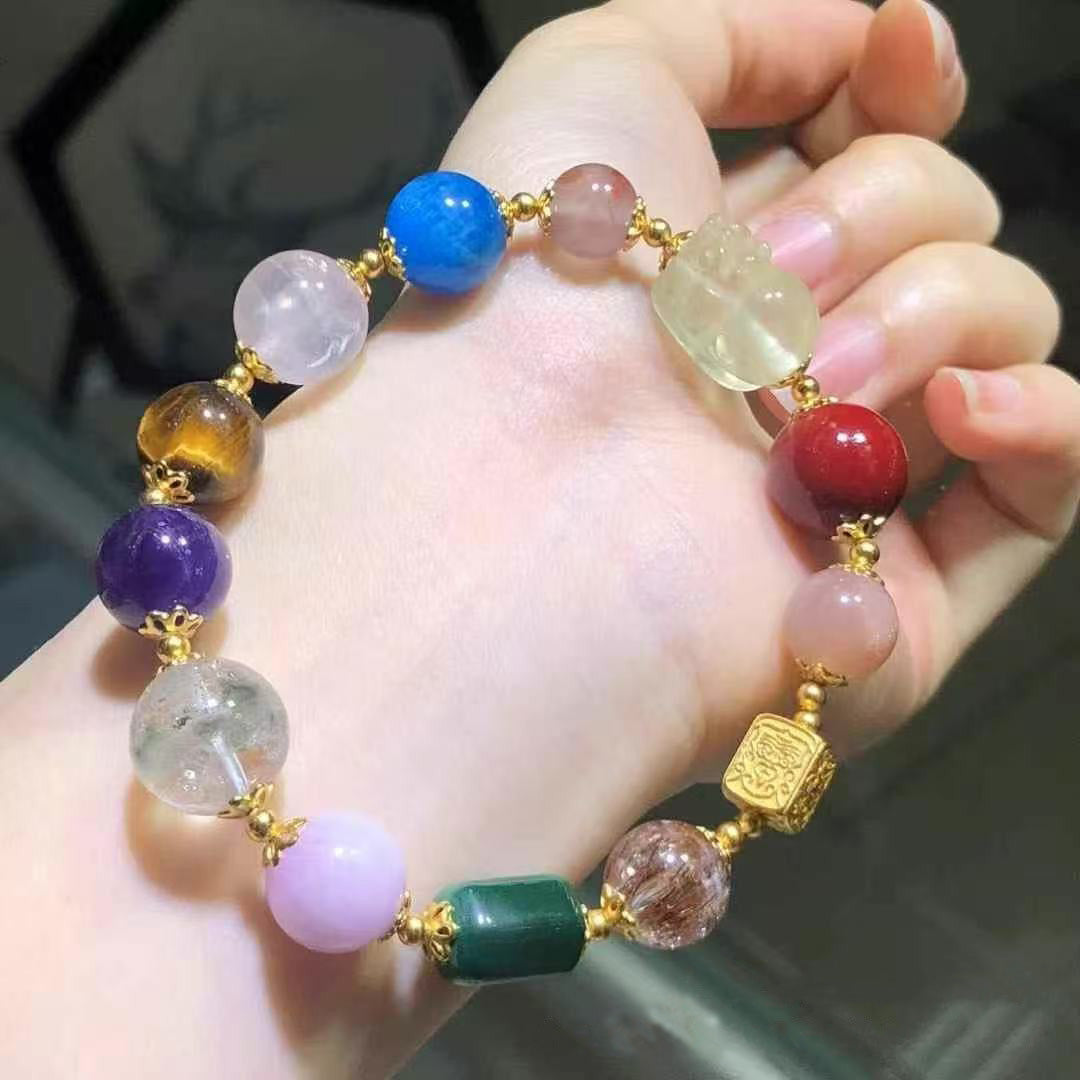 Multi-gem crystal bracelet with pi xiu, carved gold beads, amethyst, rose quartz, and other multicolored gemstone charms | Diyjade