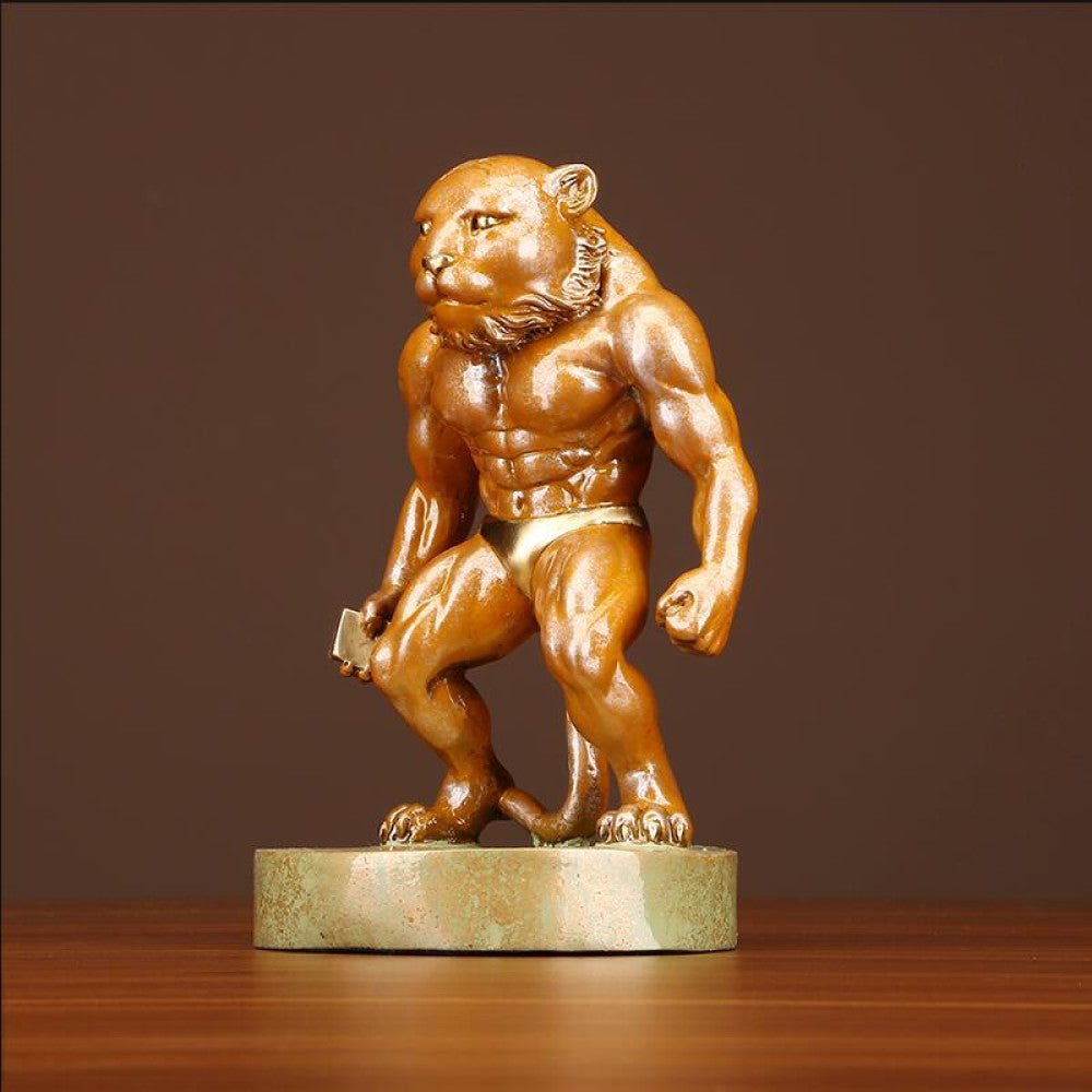 Muscular tiger statue with detailed craftsmanship, a Feng Shui symbol of strength and good fortune, displayed as unique home decor on a wooden table against a brown background