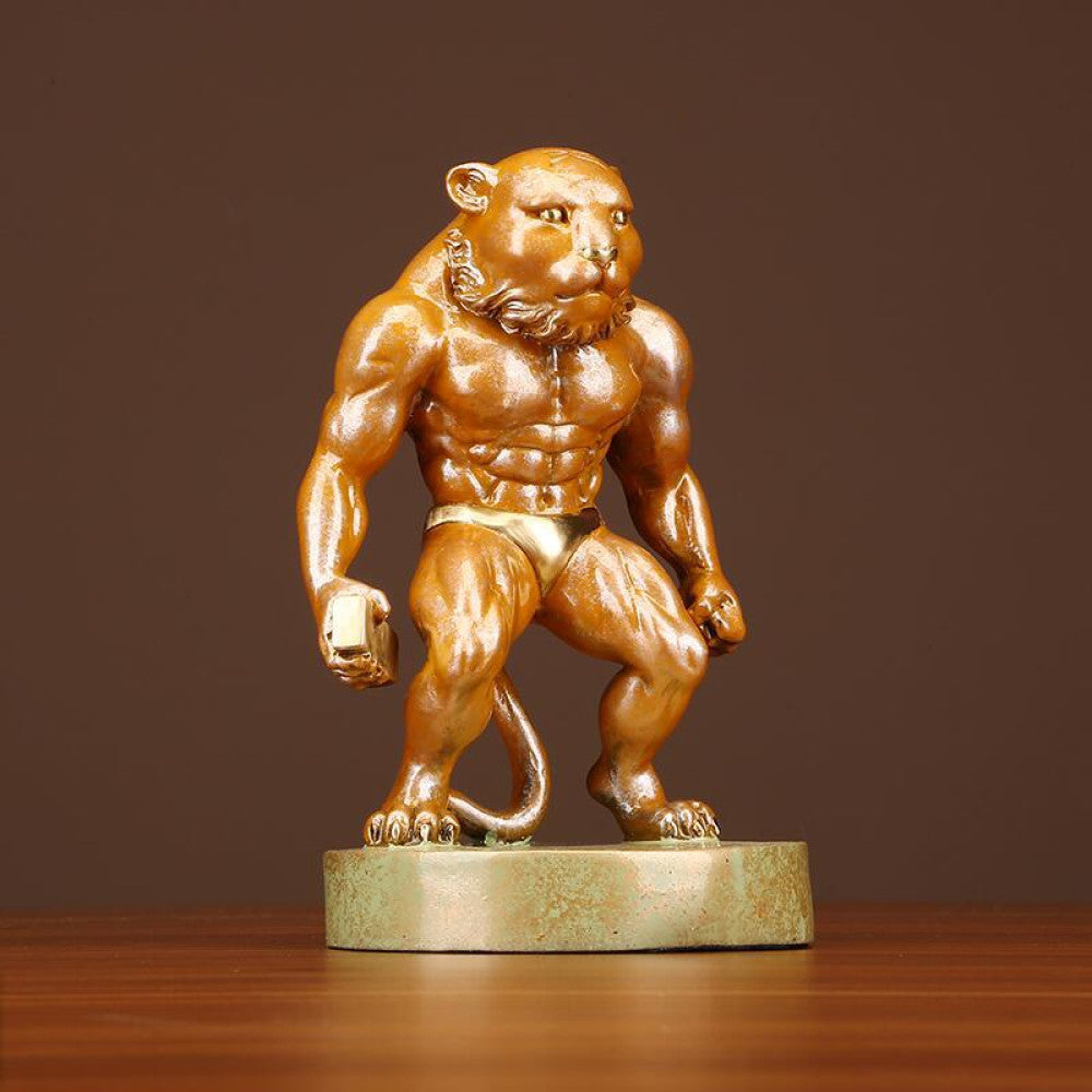 Muscular tiger statue with detailed craftsmanship, a Feng Shui symbol of strength and good fortune, displayed as unique home decor on a wooden table against a brown background 01