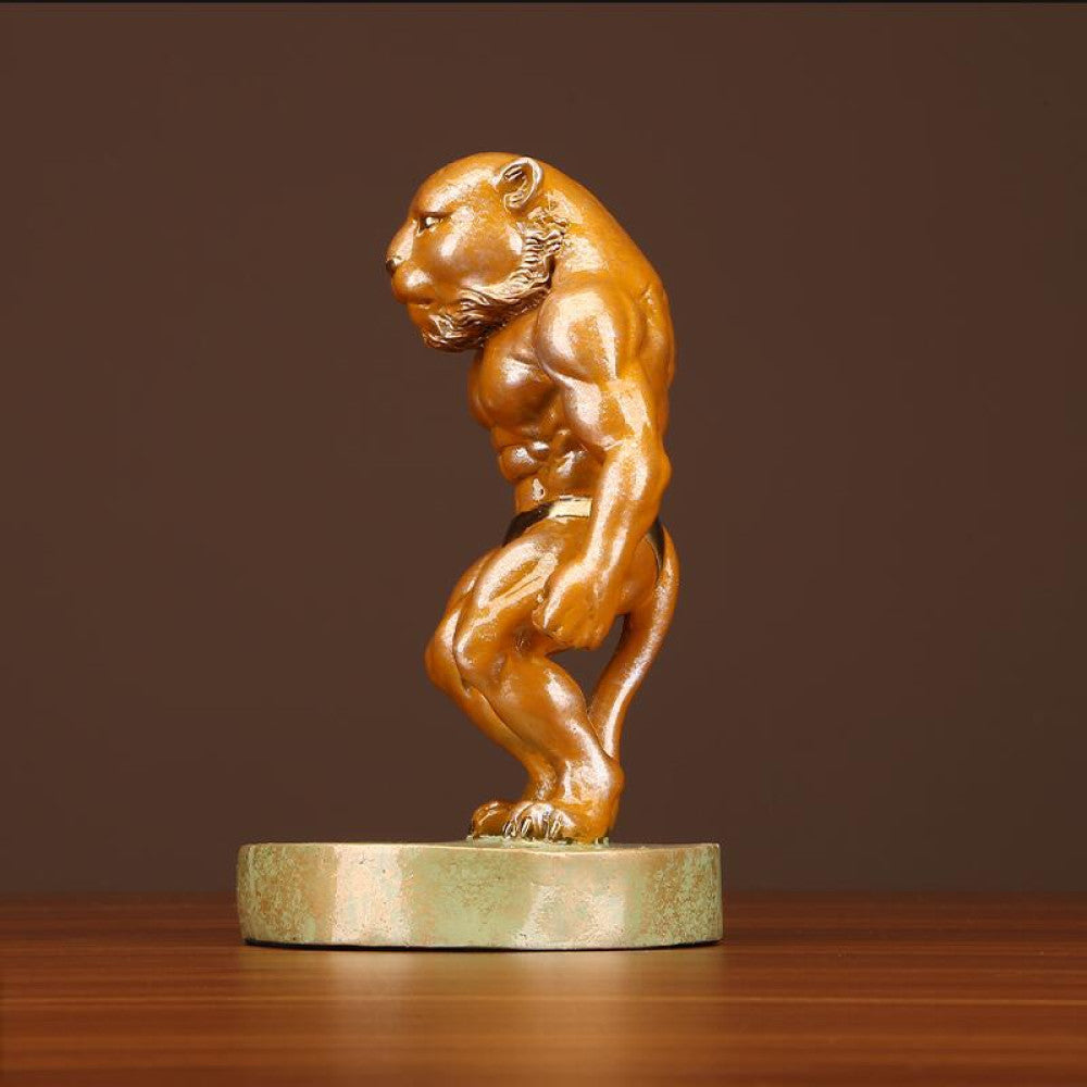 Muscular tiger statue with detailed craftsmanship, a Feng Shui symbol of strength and good fortune, displayed as unique home decor on a wooden table against a brown background 02