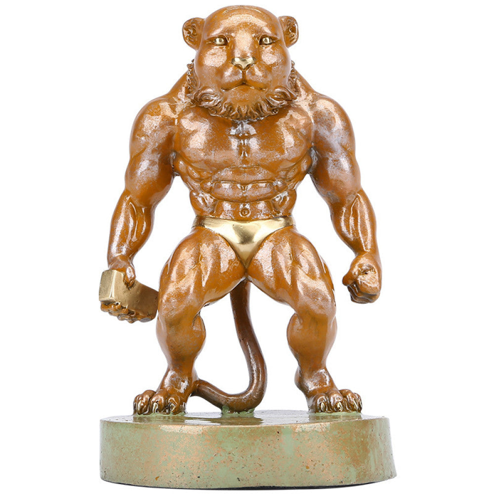 Muscular tiger statue with detailed craftsmanship, a Feng Shui symbol of strength and good fortune, displayed as unique home decor on a wooden table against a brown background 03