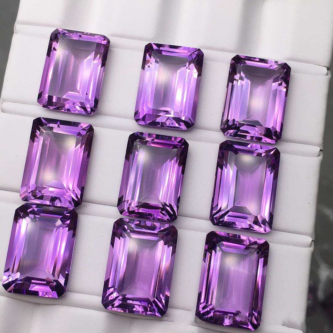 9 rectangular-cut raw amethyst stones, rich purple color, transparent crystals, raw material for jewelry setting