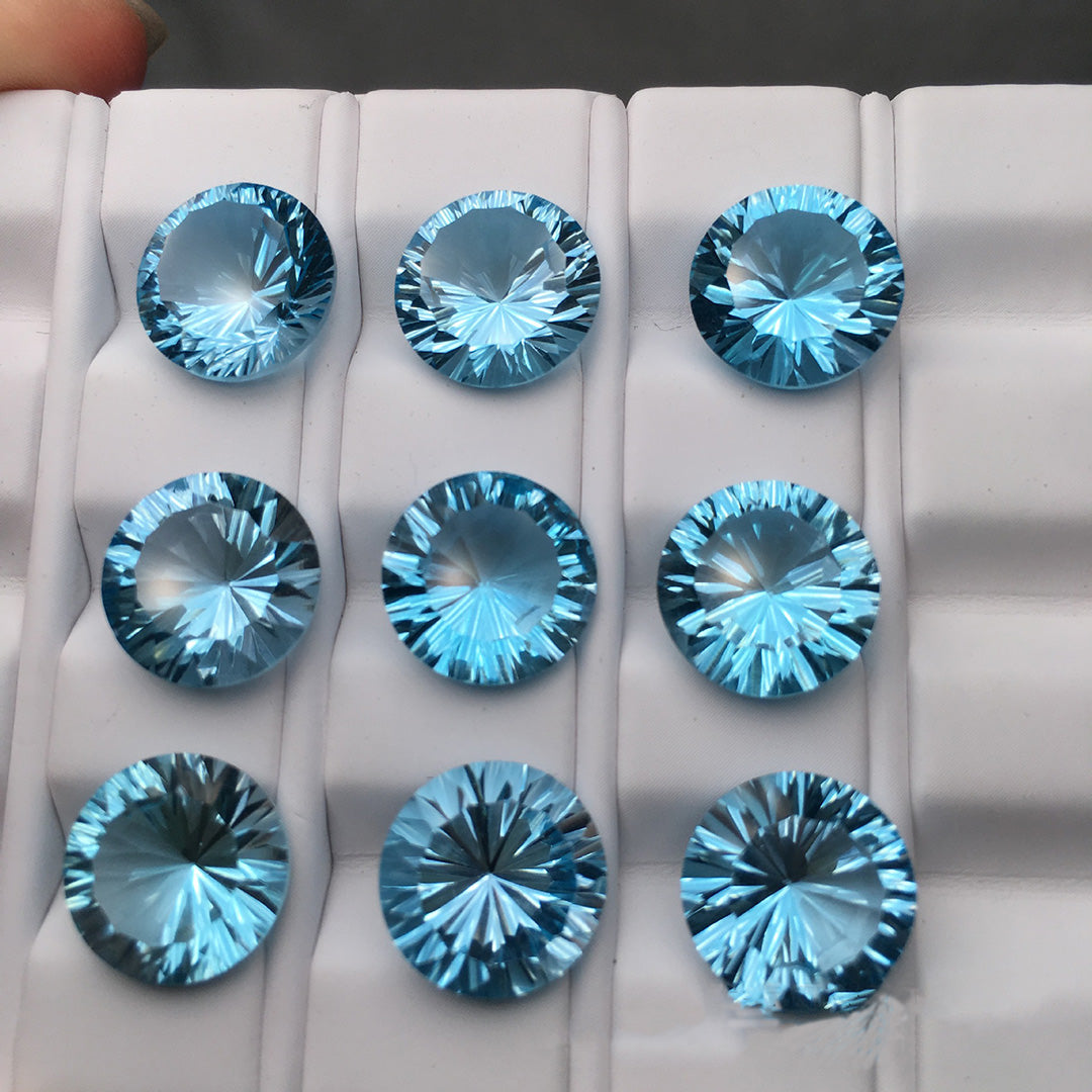 12 round aquamarines, unique radiant cut, transparent blue crystals, jewelry setting material