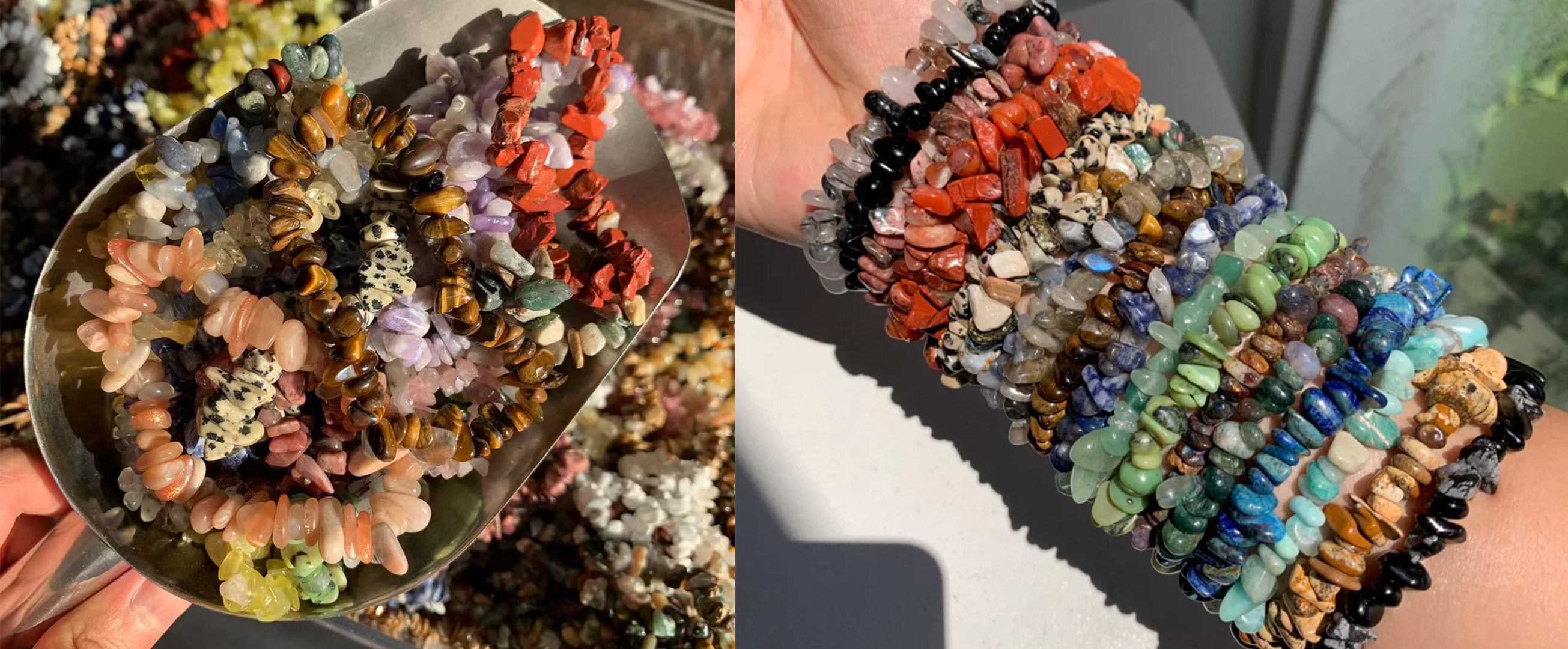 This is a collection of colorful natural crystal chip bracelets. On the left is a spoonful of various crystals, and on the right is the effect of stacking them on the wrist. The various colors are interwoven, giving off a fresh and soothing natural feel, making them a striking little accent for everyday wear.
