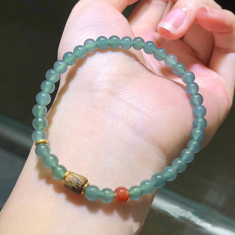 Green agate bead bracelet, wood and red agate accent bracelet