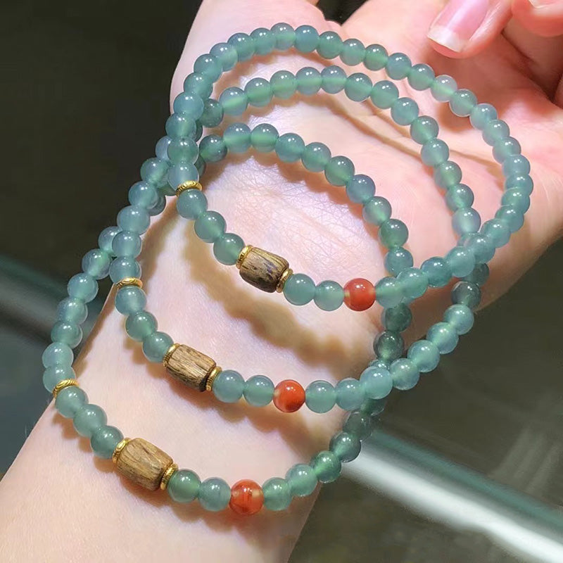 Green agate bead bracelet, wood and red agate accent bracelet 01