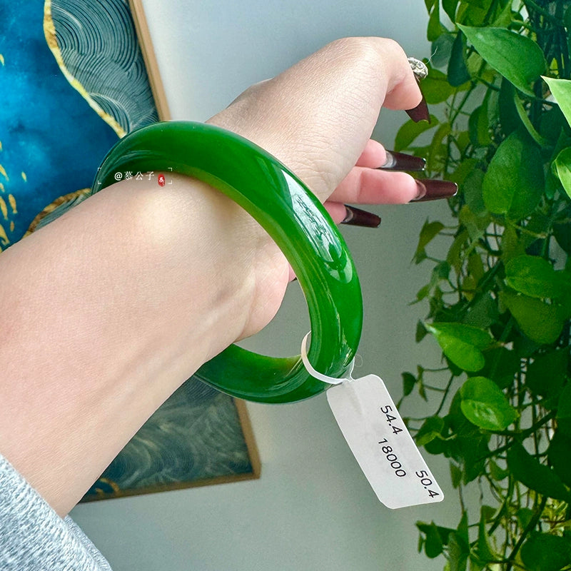 Hand wearing natural vivid green jade bangle against green plants background