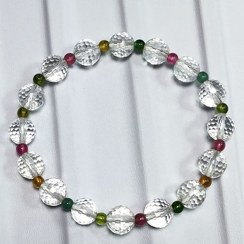 Natural faceted white crystal bracelet with rainbow tourmaline spacers for women|DIY Jade