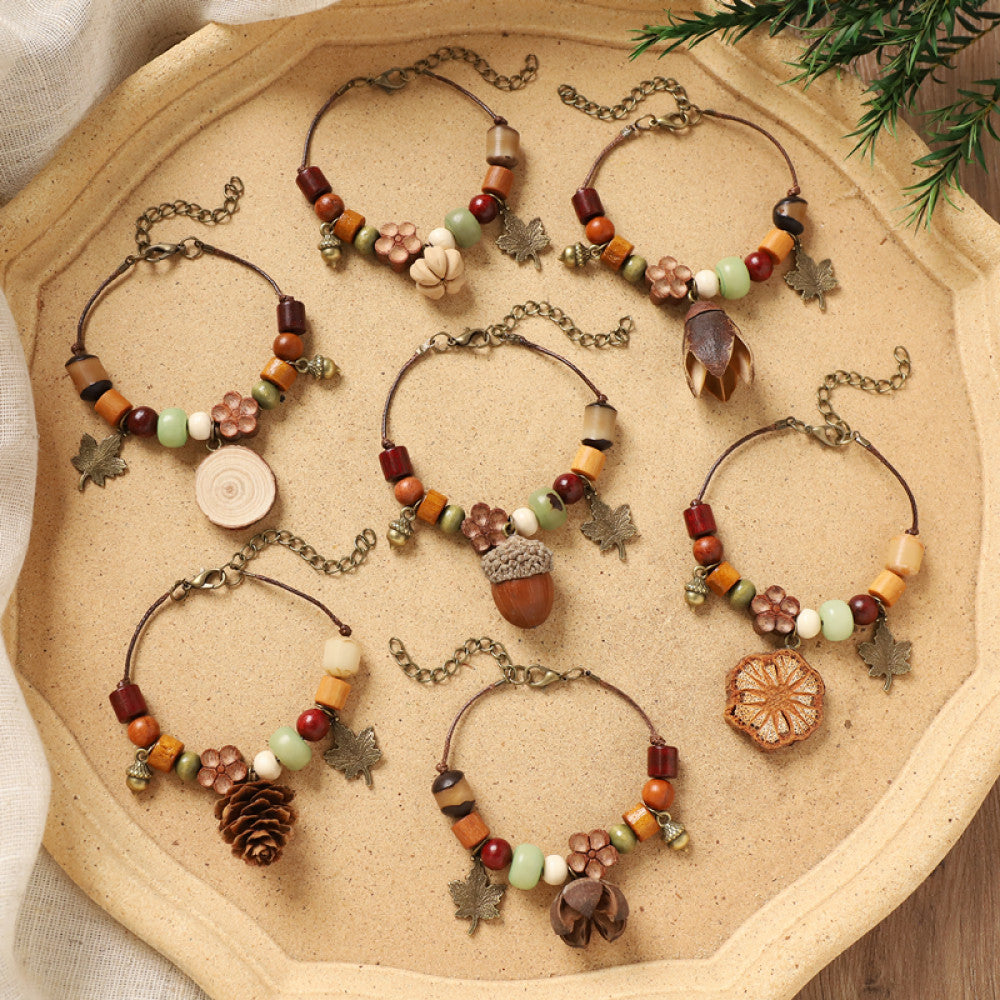 Multiple matching nature bracelets, perfect for layering.