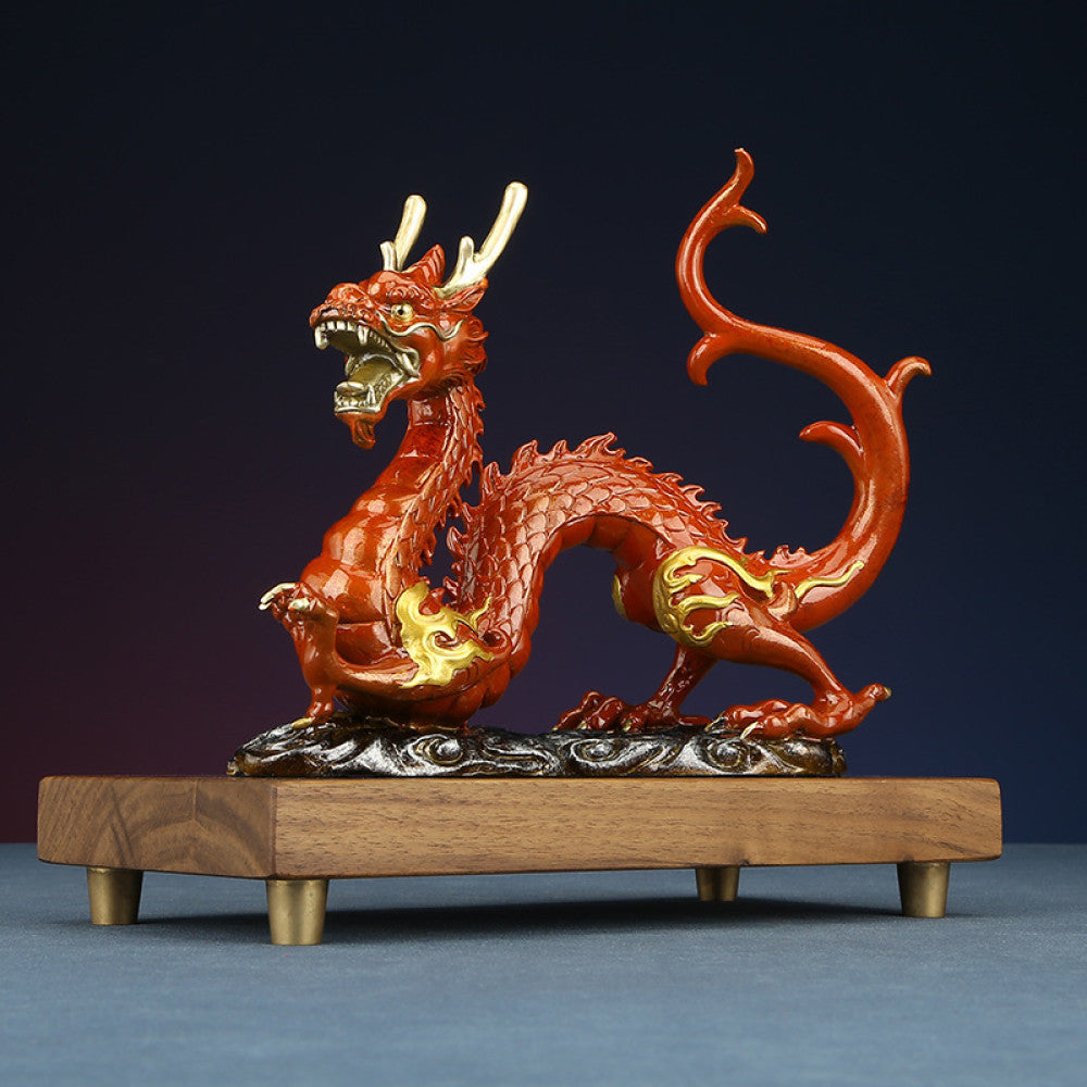 Red Chinese dragon statue with golden accents, a Feng Shui symbol of good fortune and strength, displayed on a wooden base as elegant home decor against a dark background 01