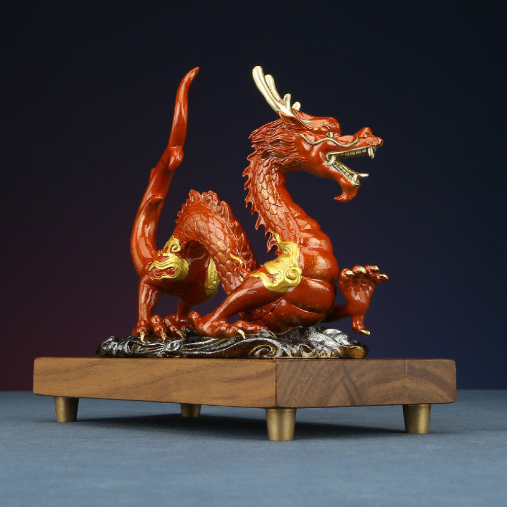 Red Chinese dragon statue with golden accents, a Feng Shui symbol of good fortune and strength, displayed on a wooden base as elegant home decor against a dark background 02