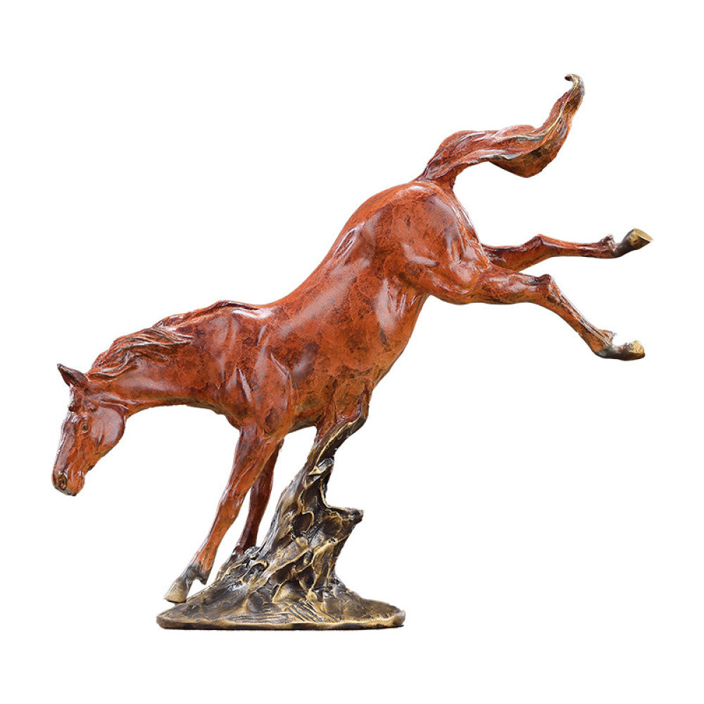 Red galloping horse statue with intricate details, a Feng Shui symbol of success and strength, displayed as elegant home decor on a wooden table against a gray background 03