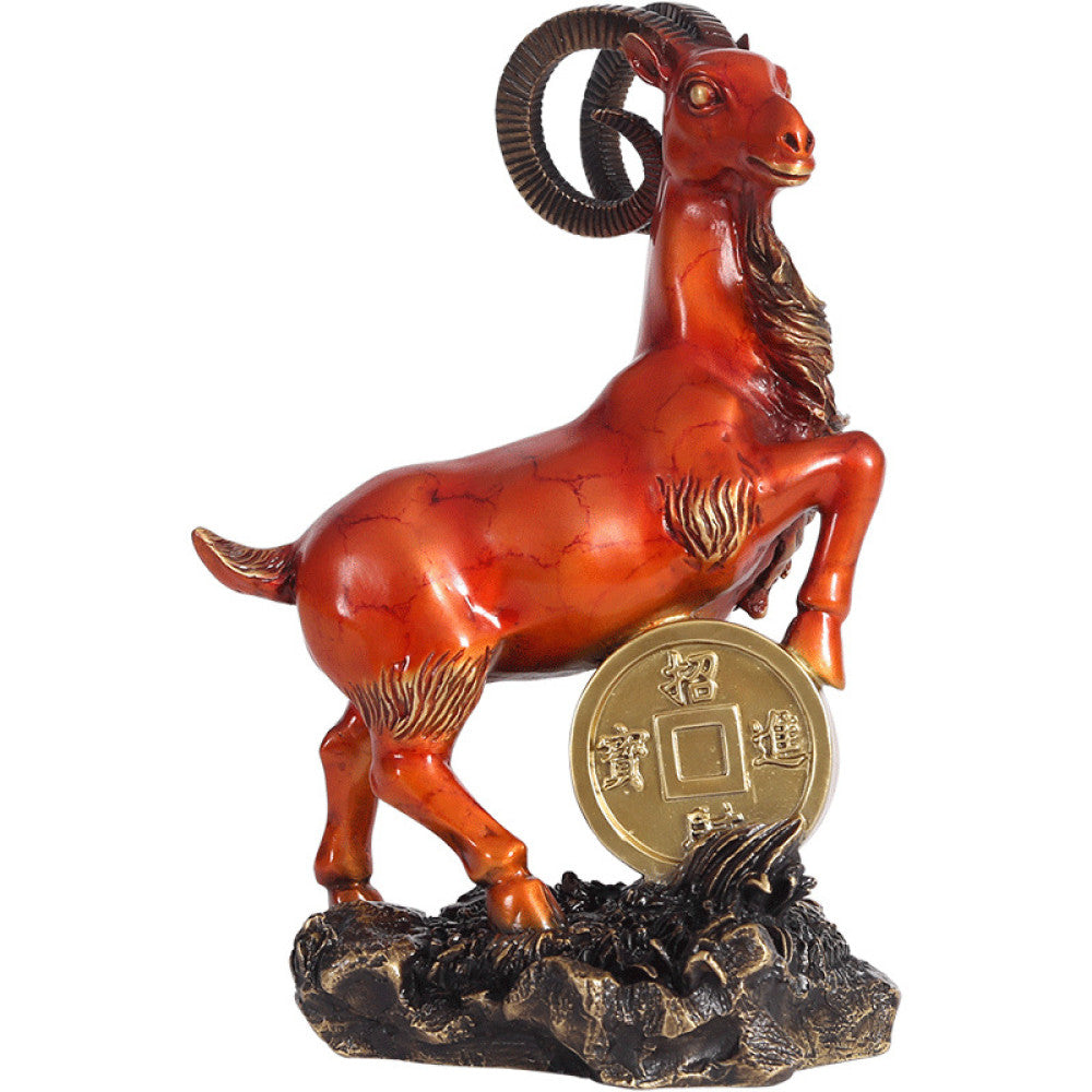 Red goat statue with golden coin detail, a Feng Shui symbol of wealth and good fortune, displayed as elegant home decor against a dark background 03