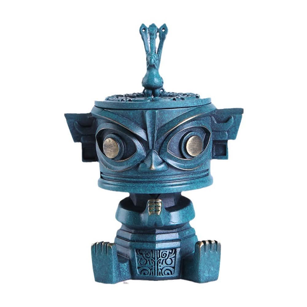 A standing bronze figurine-style incense burner shown upright on a dark background.