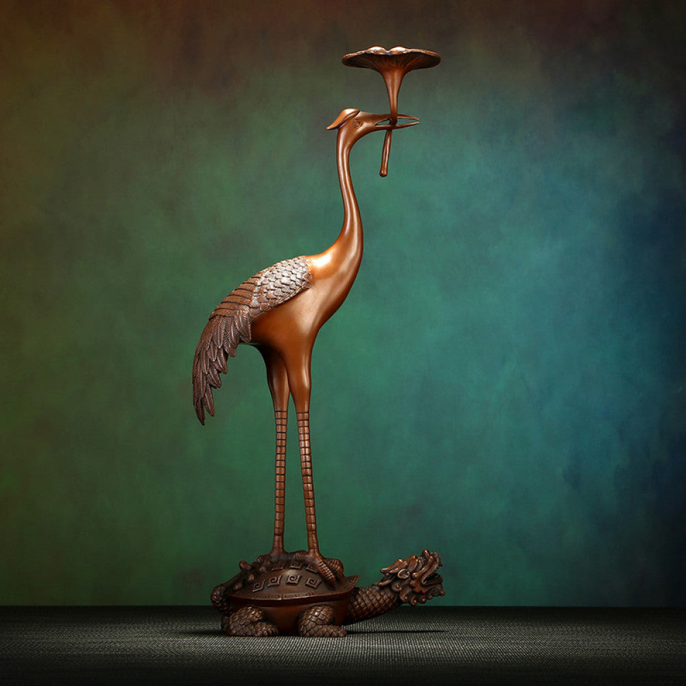 Traditional Chinese bronze candle holder with crane standing on tortoise, against a gradient teal-green background 01
