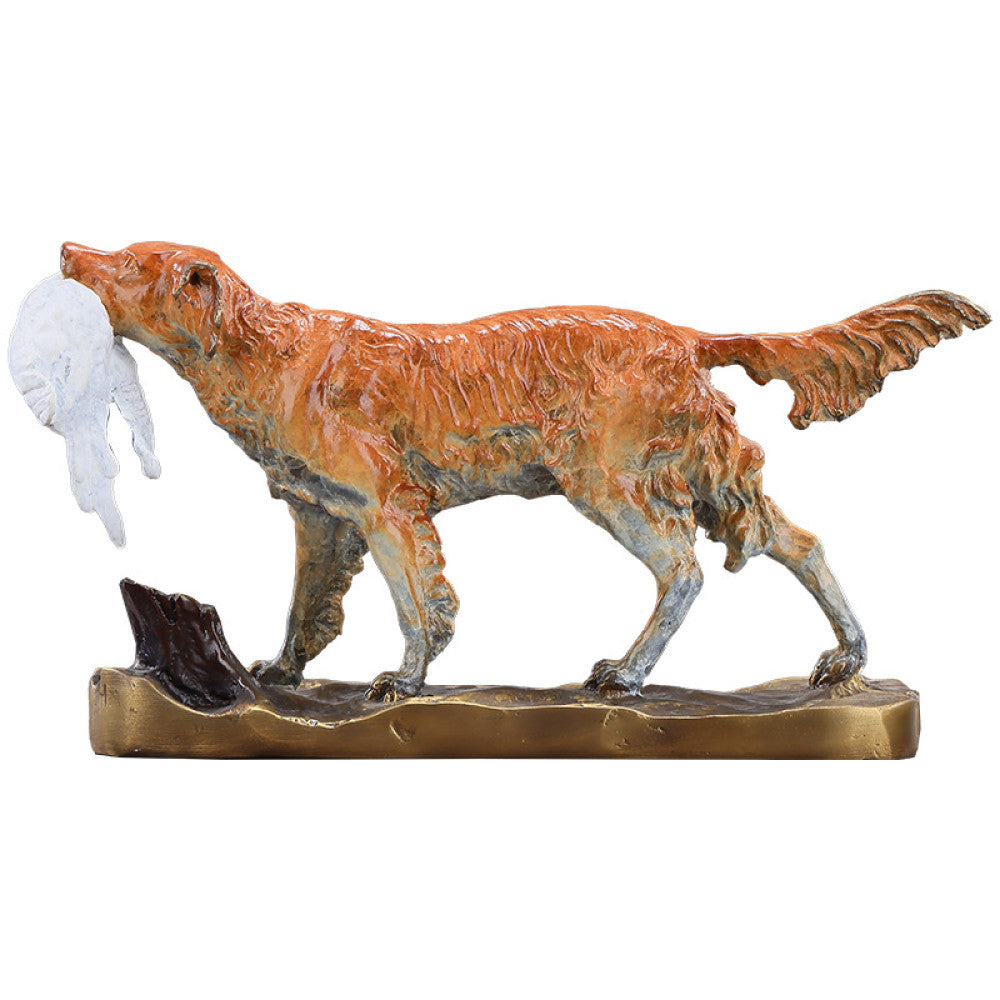 Traditional Chinese bronze dog statue holding a white cloth in its mouth, standing on a golden base against a gray background 01