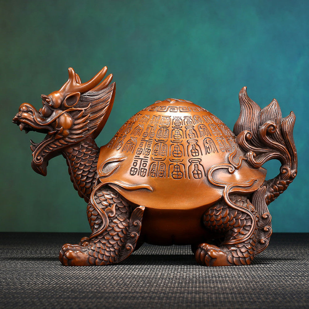 Traditional Chinese bronze dragon turtle statue with intricate inscriptions on its shell, displayed against a teal gradient background 01