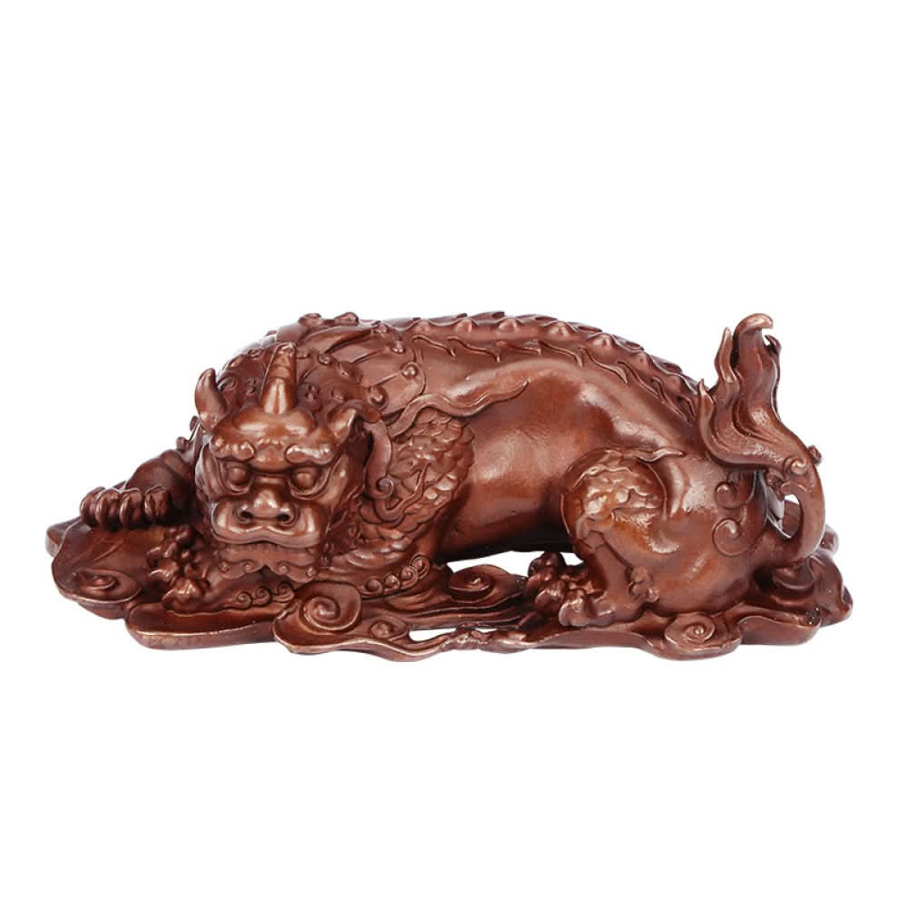 Traditional Chinese bronze mythical beast statue with intricate carvings, placed on a wooden surface against an ornate golden background 02