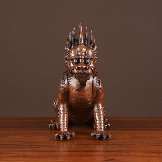 Bronze Qilin statue with intricate carvings, traditional Chinese auspicious mythical beast decor, placed on a dark surface against a warm brown background 01