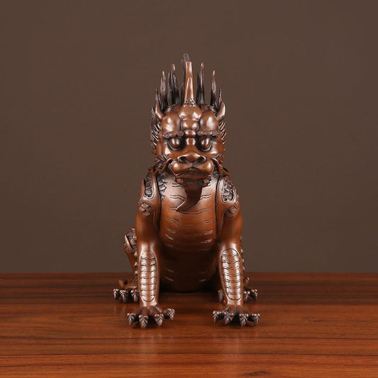 Bronze Qilin statue with intricate carvings, traditional Chinese auspicious mythical beast decor, placed on a dark surface against a warm brown background 01