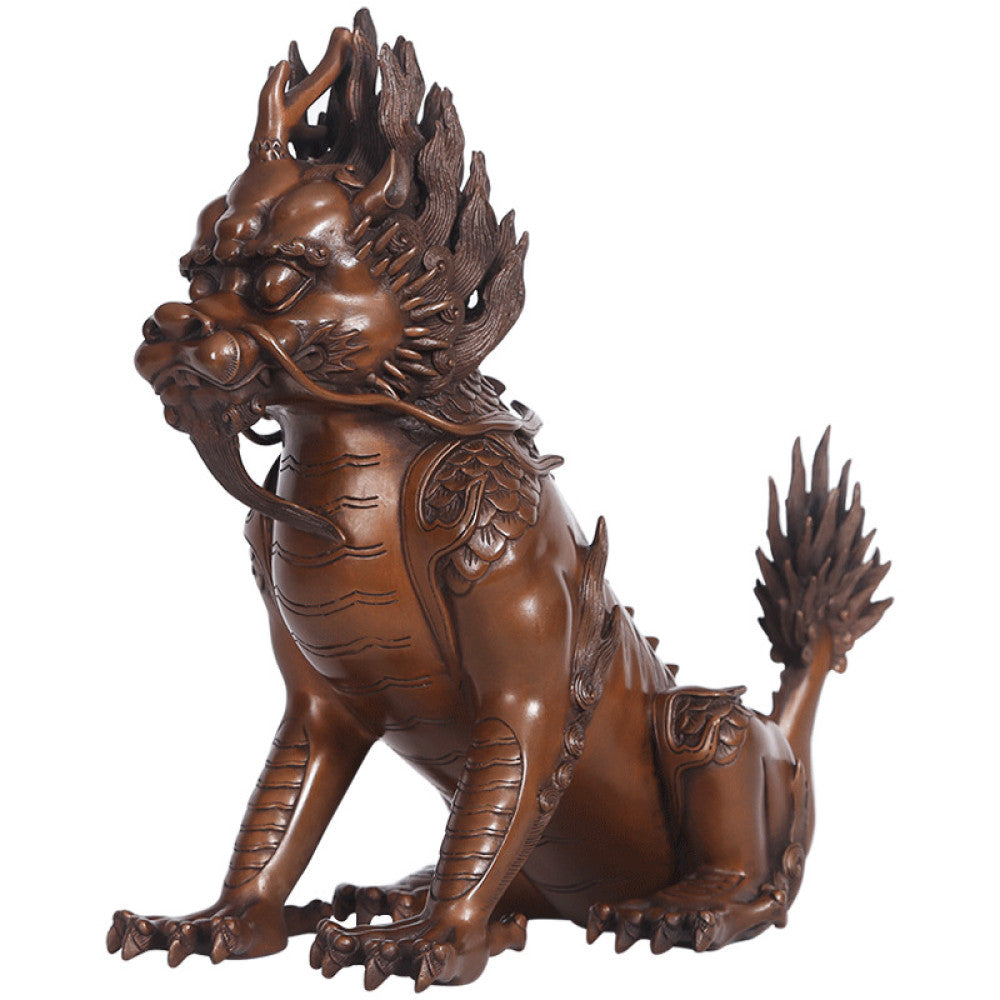 Bronze Qilin statue with intricate carvings, traditional Chinese auspicious mythical beast decor, placed on a dark surface against a warm brown background 02