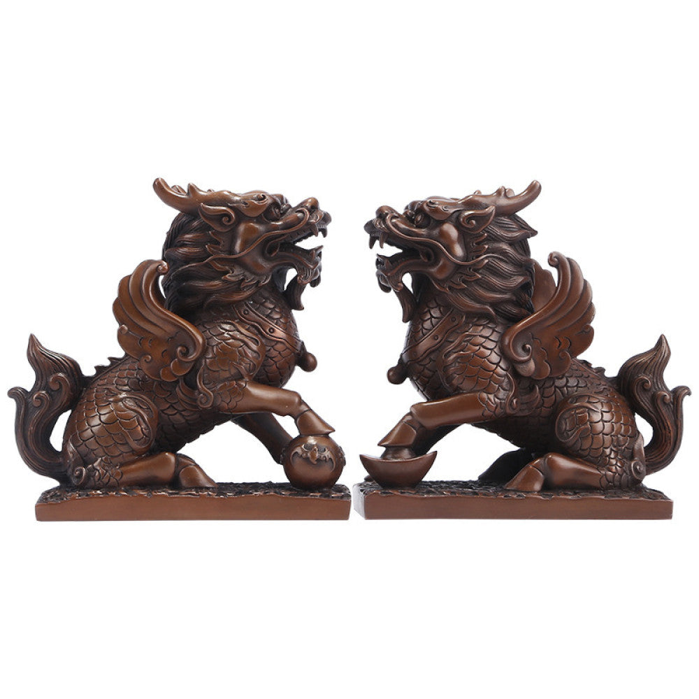 Pair of traditional Chinese bronze Qilin statues, one with a ball and one with a yuanbao ingot, placed on wooden bases against a gray background 01