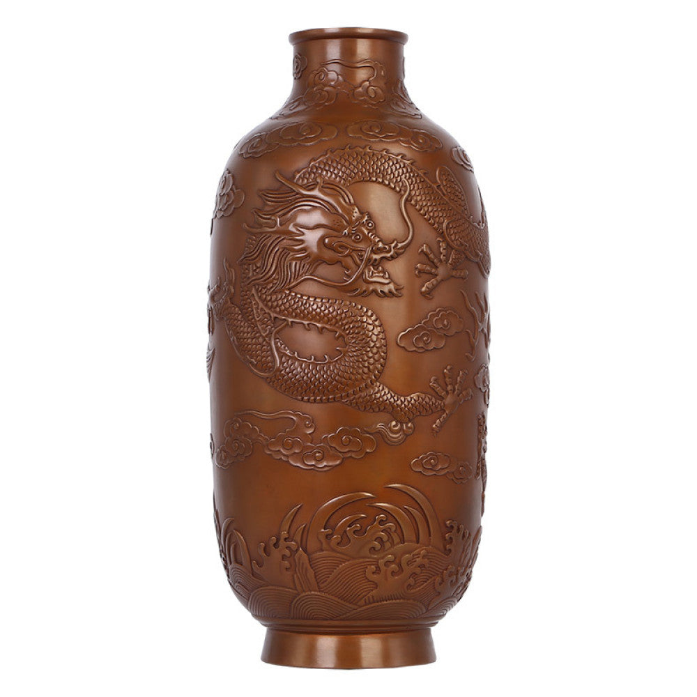 Pair of traditional Chinese bronze vases with intricate dragon carvings against a textured dark background 04