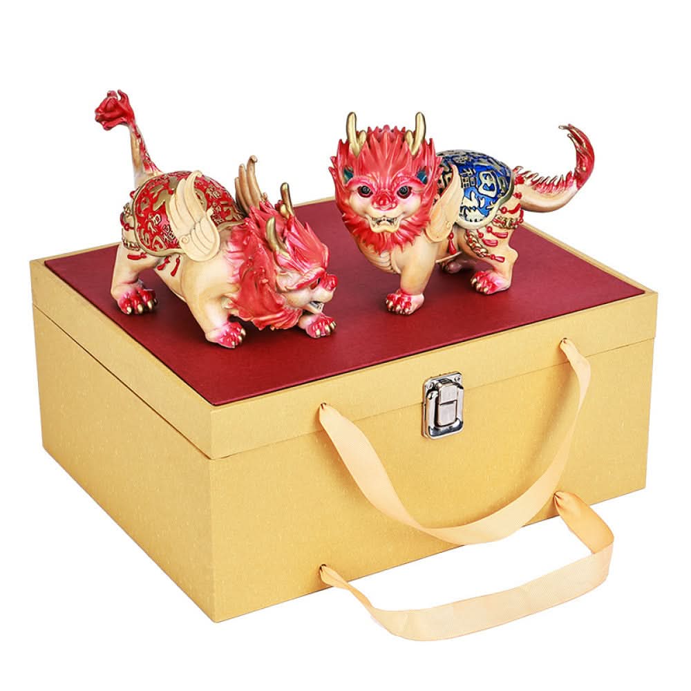 Pair of colorful traditional Chinese Qilin statues with red and blue - golden details, placed against a red background with Chinese fan decoration 05