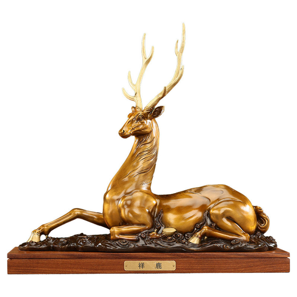 Traditional Chinese golden bronze deer statue in a reclining pose with detailed antlers, placed on a wooden base against a dark green background with traditional books 06