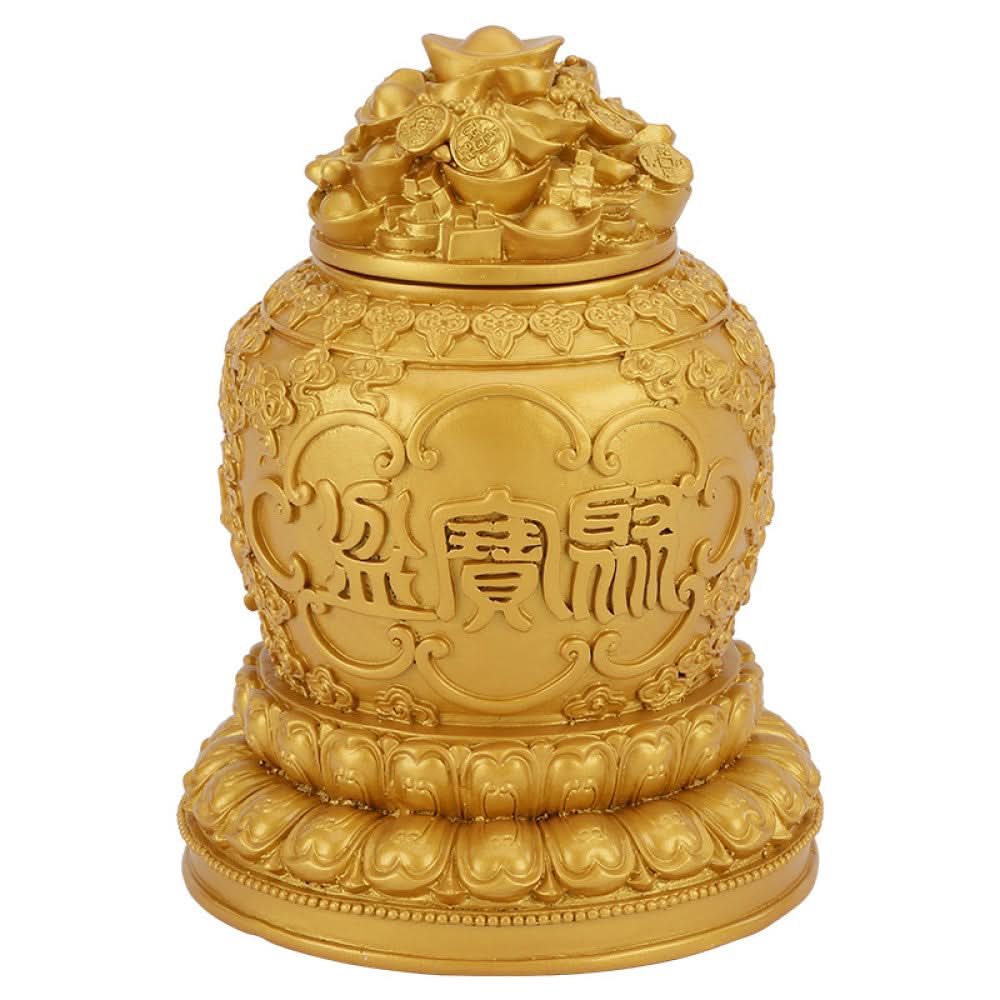 Golden Chinese treasure bowl decoration with intricate carvings and characters, isolated on white background