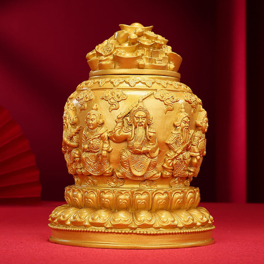 Golden Chinese treasure bowl decoration with intricate carvings and characters, isolated on white background 01