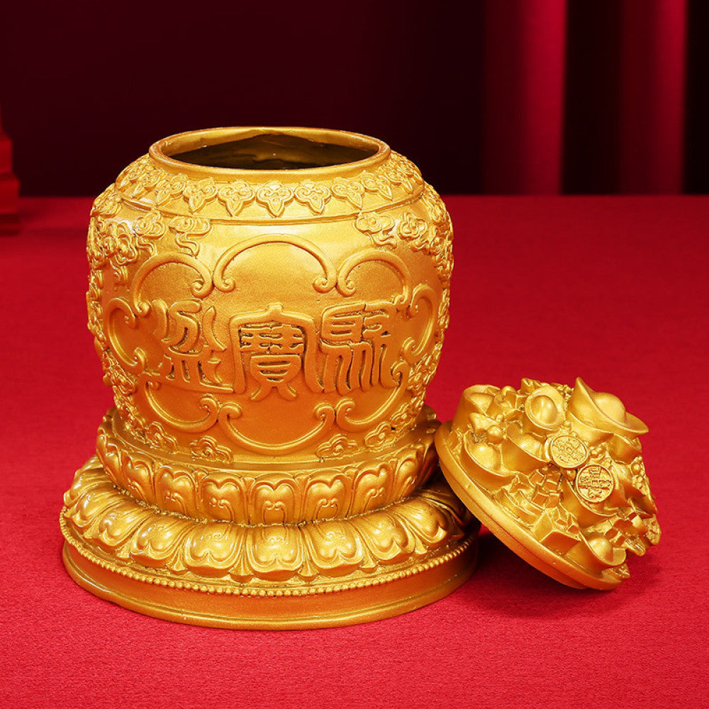 Golden Chinese treasure bowl decoration with intricate carvings and characters, isolated on white background 02