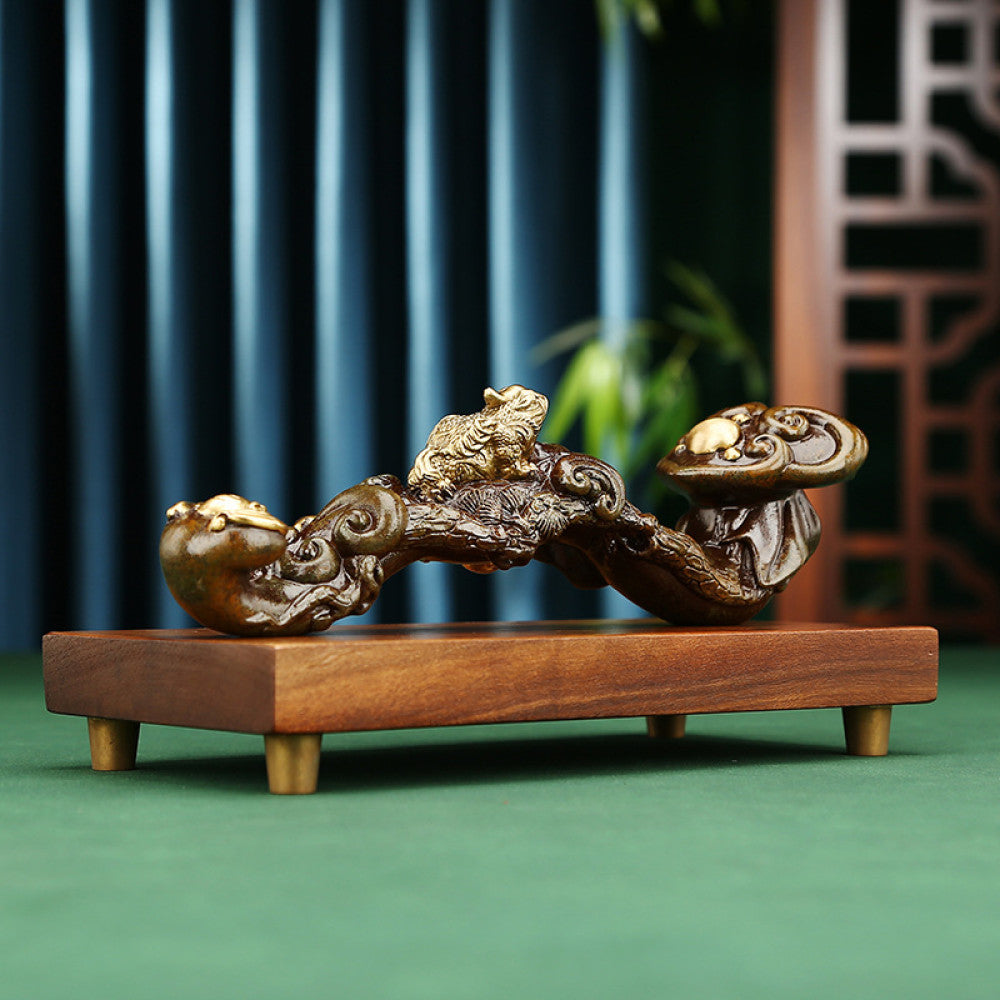 Traditional Chinese ruyi sculpture with golden pixiu and pearl details, placed on wooden base against dark blue curtain and traditional lattice background 01