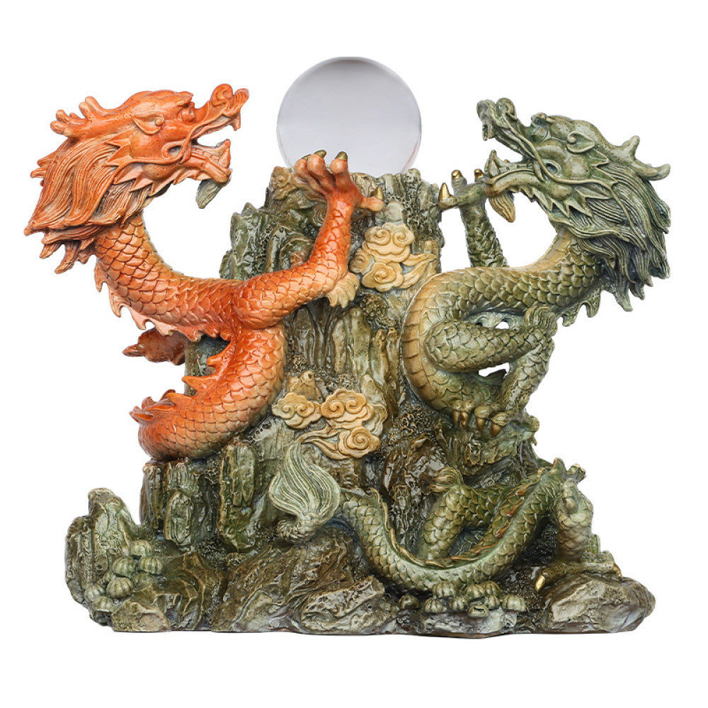 Two dragons crystal ball statue with intricate details, a Feng Shui symbol of good fortune, displayed as elegant home decor on a wooden table against a dark background 02