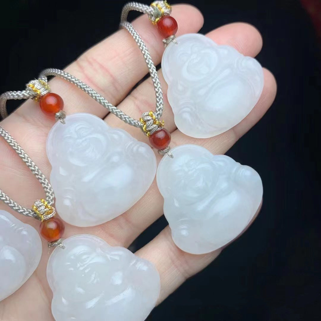 White jade laughing buddha pendants, red agate accents