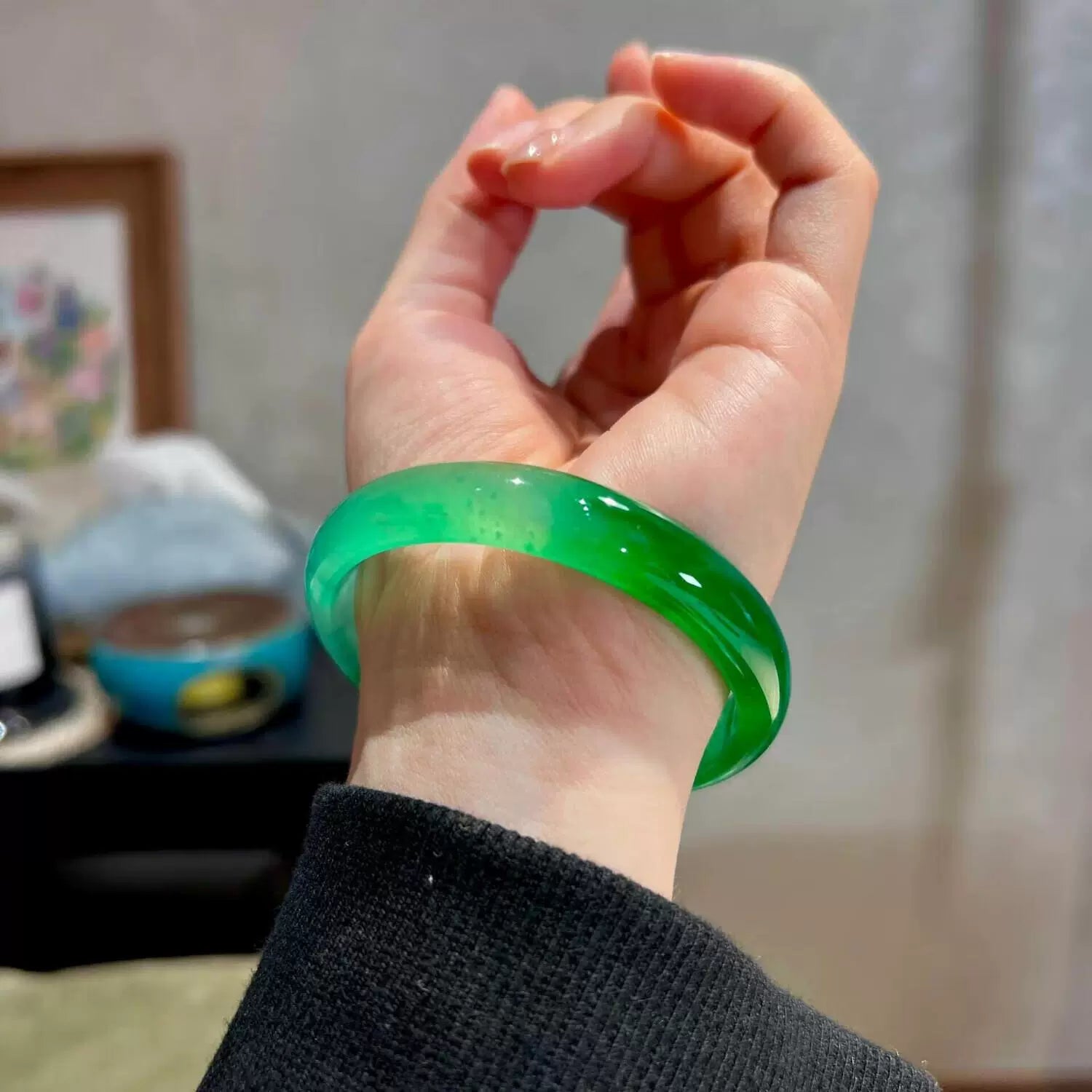 Natural Emerald Green Jade Bangle Bracelet for Women - Wrist Worn Close-up 03