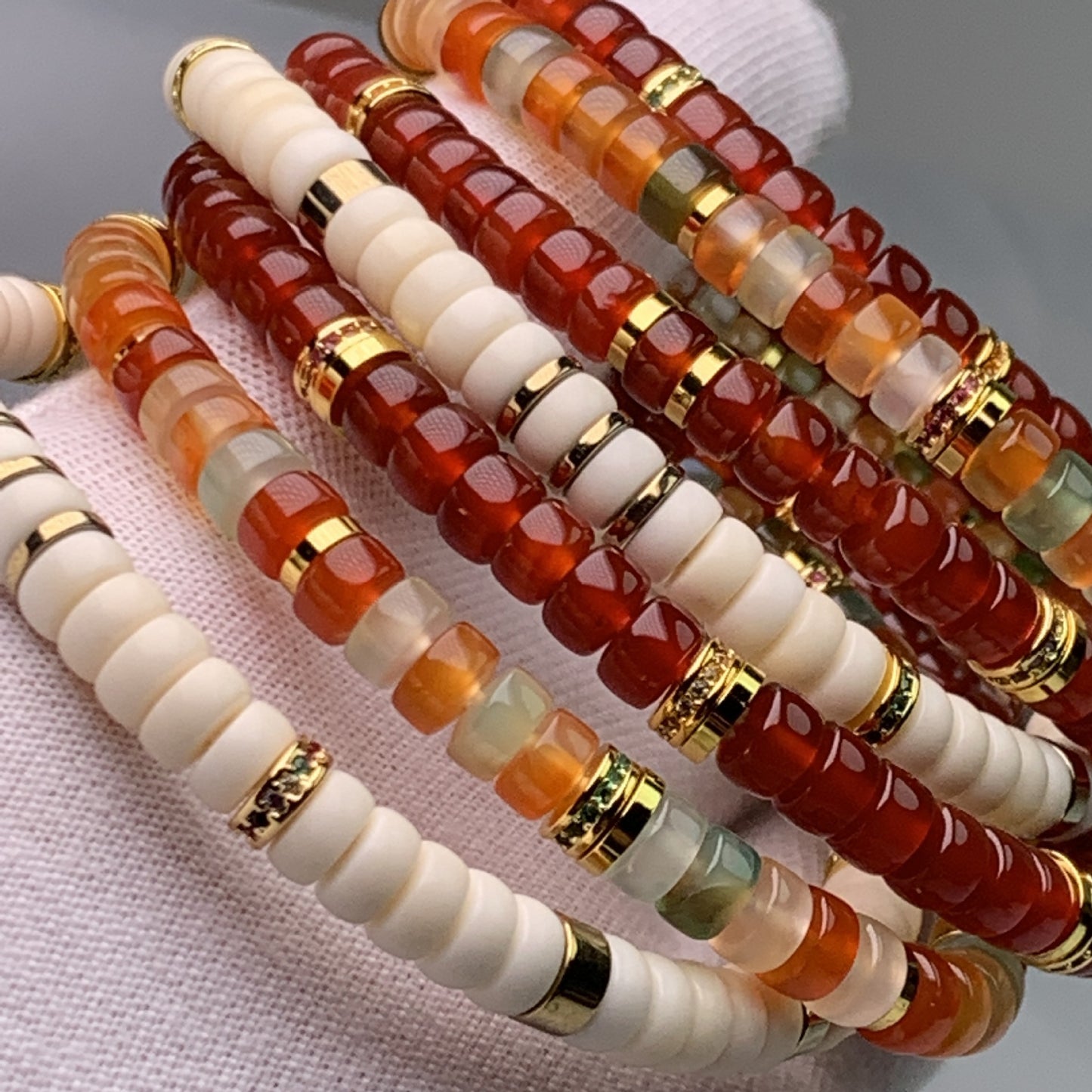 Assorted multi-color disk bead bracelet sets, red white and earthy tone stone jewelry | DIY Jade