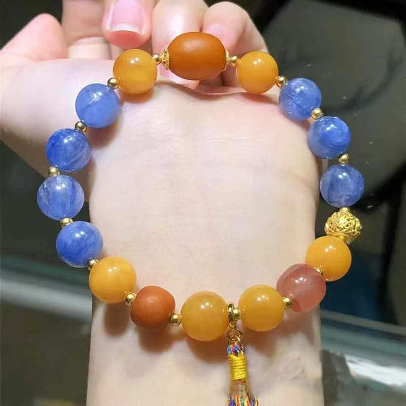 Full view of blue and amber beaded bracelet with tassel | DIY Jade