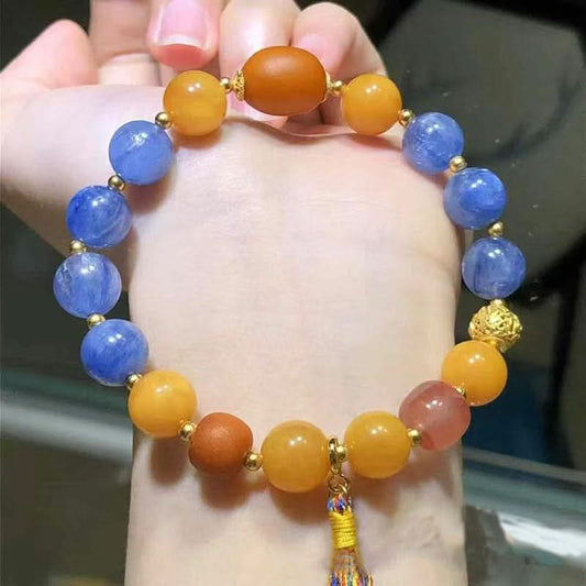 Full view of blue and amber beaded bracelet with tassel | DIY Jade