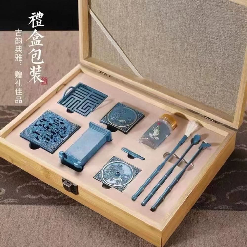 Blue copper incense tool set with wooden case