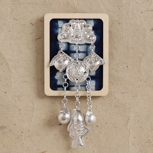 Large blue embroidery silver tassel brooch