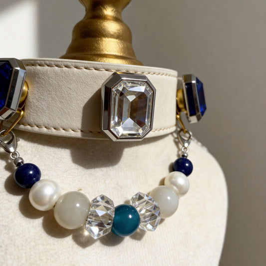 Mannequin bust showing white leather pet collar with sapphire beads | DIY Jade