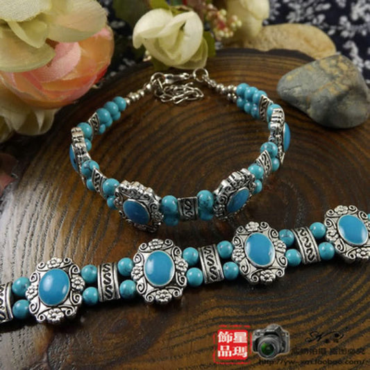 Bohemian blue turquoise silver three-bezel bracelet | DIY Jade