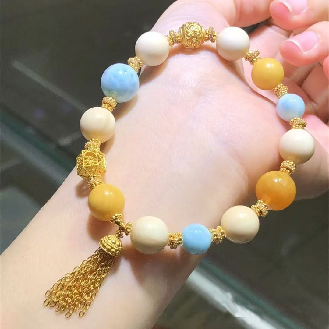 Blue yellow white beaded bracelet with gold tassel | DIY Jade