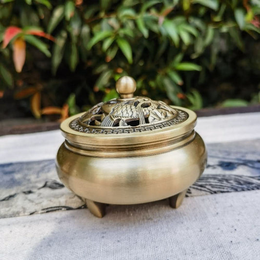 Brass incense burner with intricate floral openwork lid, traditional design | DIY Jade