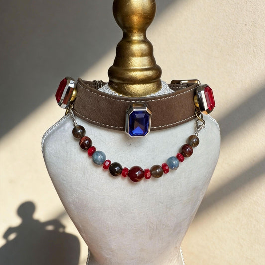 Mannequin bust showcasing brown leather pet collar with blue and red gems, mixed dark jade beads | DIY Jade