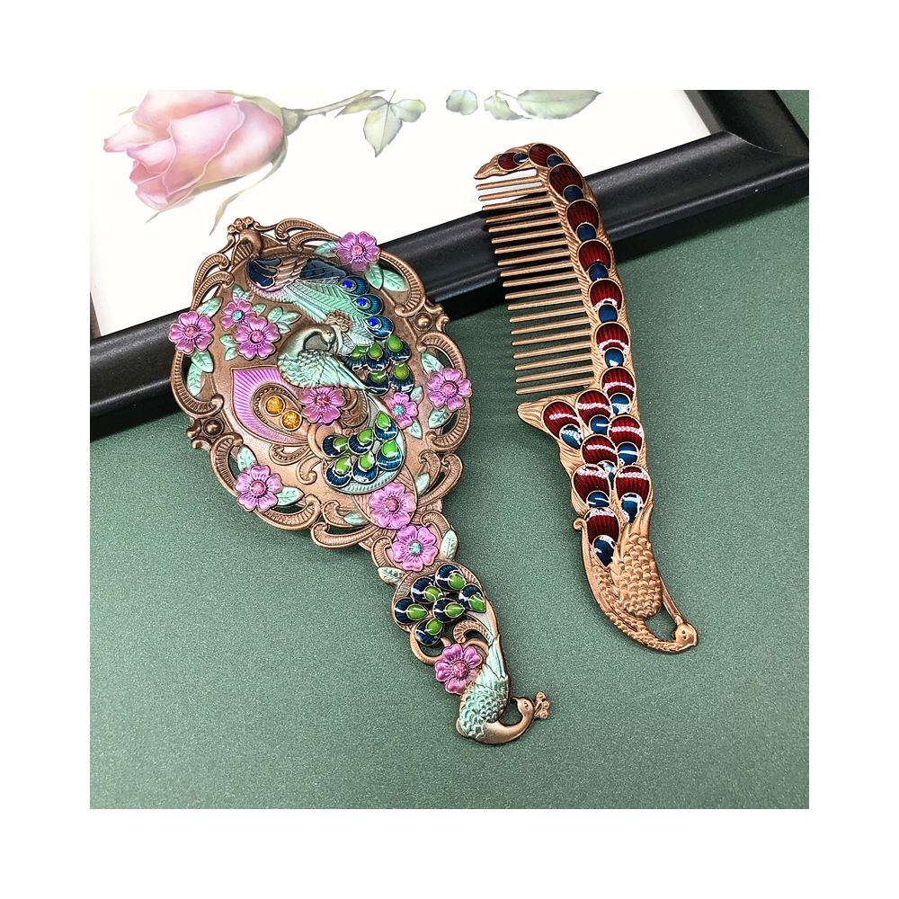 Colorful enamel peacock mirror comb set