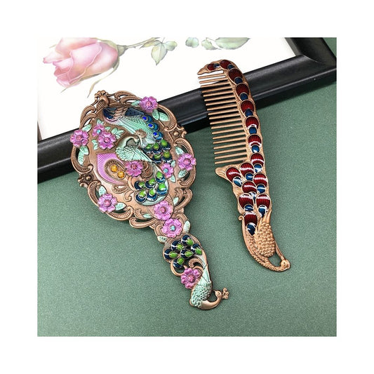 Colorful enamel peacock mirror comb set