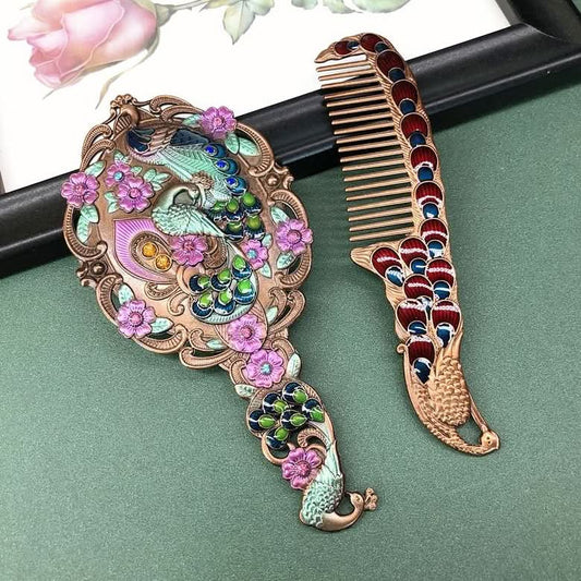Colorful enamel peacock mirror comb set