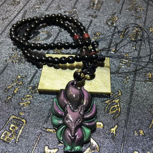Colorful obsidian nine-tailed fox pendant, green-purple hues with chain | DIY Jade